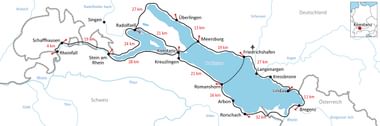 Karte des Bodensee-Radwegs mit Route durch Deutschland, Schweiz und Österreich mit Städten wie Konstanz, Meersburg, Bregenz und Entfernungen.