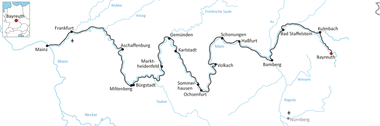 Karte des Main-Radwegs durch Bayern, der Frankfurt, Aschaffenburg, Gemünden, Bamberg, Kulmbach und Bayreuth verbindet.