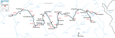 Karte des Main-Radwegs durch Deutschland von Frankfurt bis Bischofsgrun mit Stationen wie Bamberg, Bayreuth und Würzburg. Entfernungen in Rot markiert.