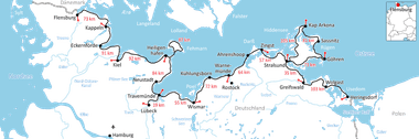 Karte des Ostsee-Radwegs von Flensburg bis Heringsdorf über Kappeln, Eckernförde, Kiel, Lübeck und Stralsund mit Kilometerangaben.