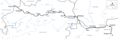Karte des Donauradwegs durch Österreich, Slowakei und Ungarn, von Passau über Wien und Bratislava nach Budapest.