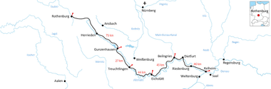 Karte des Altmühltal-Radwegs von Rothenburg bis Regensburg mit Ortschaften und Kilometerangaben entlang der schwarzen Routenlinie.
