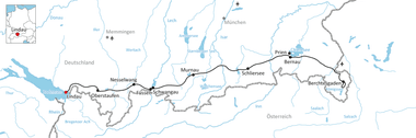 Karte mit Radweg von Lindau über Murnau, Schwangau, Schliersee und Bernau nach Berchtesgaden in Süddeutschland nahe der österreichischen Grenze.