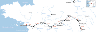 Karte des Loire-Radwegs durch Frankreich, die den Weg von Nantes an der Atlantikküste nach Nevers zeigt, vorbei an Städten wie Angers, Tours und Orléans.