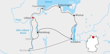 Karte mit Radweg von Schwerin nach Lübeck über Wismar, Boltenhagen, Travemünde und Ratzeburg. Zeigt Ostsee, Trave und Elbe-Lübeck-Kanal.