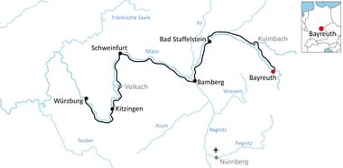 Map showing cycling route along Main river through Bavaria, connecting Würzburg, Kitzingen, Schweinfurt, Bamberg, Bad Staffelstein, Kulmbach and Bayreuth.