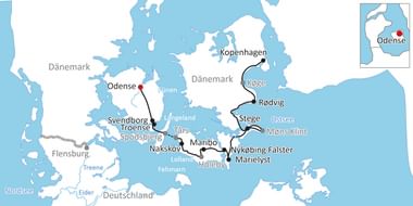 Karte mit Radroute durch Dänemark von Kopenhagen über Køge, Stege, Nykøbing Falster, Maribo, Nakskov, Svendborg nach Odense mit Übersichtskarte.
