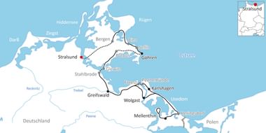 Karte mit Radweg entlang der deutschen Ostseeküste von Stralsund über die Insel Rügen bis Usedom durch Orte wie Binz, Sellin und Karlshagen.