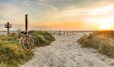 Zwei Fahrräder auf einem sandigen Strandweg auf Sylt, gesäumt von Dünengras. Holzpfosten und das Meer sind im Hintergrund bei Sonnenuntergang sichtbar.