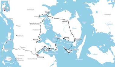 Karte mit Radroute durch Dänemark, die Flensburg, Åbenrå, Sønderborg, Svendborg, Odense und Middelfart auf Fünen und Südjütland verbindet.