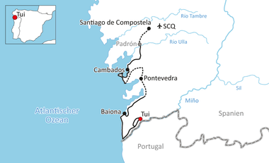 Karte mit Radweg von Santiago de Compostela über Padrón, Cambados, Pontevedra, Baiona nach Tui in Galicien, Spanien, entlang der Atlantikküste.