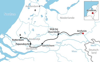 Karte mit Radroute durch die Niederlande von Arnheim über Wijk bij Duurstede, Gorinchem, Papendrecht nach Rotterdam und zurück nach Arnheim.