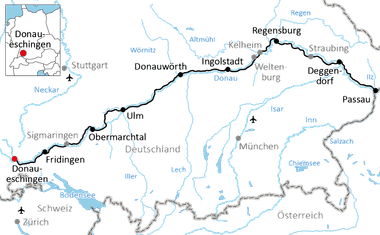 Karte des Donauradwegs durch Süddeutschland von Passau nach Donaueschingen über Regensburg, Ingolstadt, Ulm und weitere Städte.