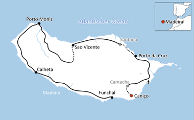 Karte mit einer Radroute rund um Madeira mit markierten Orten wie Porto Moniz, Calheta, Funchal, Caniço, Porto da Cruz und Sao Vicente.