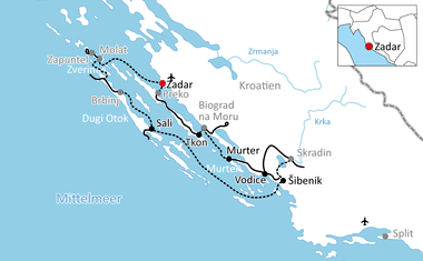 Karte mit Radroute entlang der kroatischen Adriaküste bei Zadar, die die Inseln Molat, Dugi Otok, Sali, Tkon, Murter, Vodice und Šibenik verbindet.