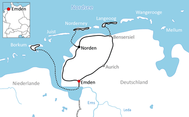 Karte mit Radweg rund um Emden und Norden in Ostfriesland, einschließlich der Nordseeinseln Borkum, Juist, Norderney, Langeoog und Wangerooge.