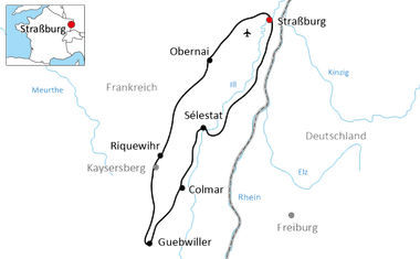 Karte mit Radroute durch das Elsass von Straßburg über Obernai, Sélestat, Riquewihr, Colmar bis Guebwiller entlang des Rheins.