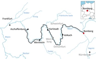 Karte mit Radweg durch Bayern von Aschaffenburg über Wertheim, Karlstadt und Volkach nach Bamberg entlang Main und Nebenflüssen.