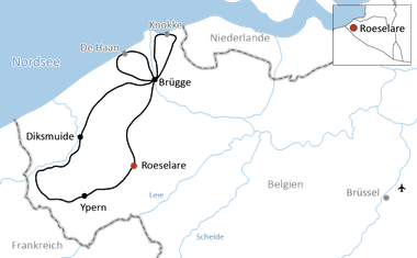 Karte mit Radroute durch Flandern, Belgien. Schwarze Linie verbindet Brügge, De Haan, Diksmuide, Ypern und Roeselare. Nordsee links sichtbar.