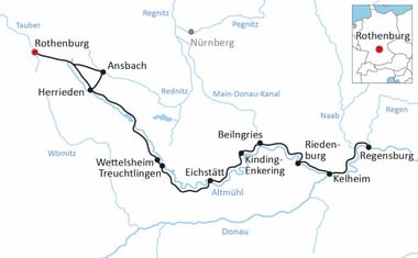 Map showing cycling route from Rothenburg through Ansbach, Herrieden, Beilngries, and Kelheim to Regensburg in Bavaria, with Danube River visible.