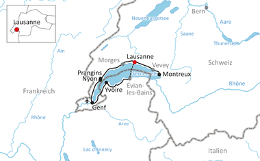 Karte mit Radweg rund um den Genfersee durch Lausanne, Montreux, Vevey, Évian-les-Bains, Nyon und Genf in der Schweiz und Frankreich.