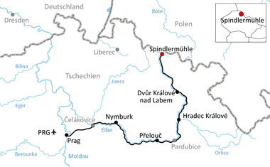 Karte mit Radweg von Spindlermühle über Hradec Králové und Přelouč nach Prag entlang der Elbe in Tschechien.