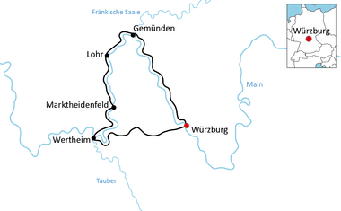Karte einer Radroute durch die Main-Tauber-Region mit Stationen in Gemünden, Lohr, Marktheidenfeld, Wertheim und Würzburg entlang Main und Tauber.