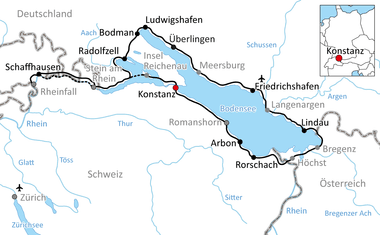 Karte mit Radweg rund um den Bodensee durch Deutschland, Schweiz und Österreich, verbindet Städte wie Konstanz, Friedrichshafen und Lindau.