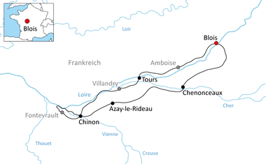 Karte mit Radweg entlang der Loire von Blois über Tours, Amboise, Chenonceaux, Azay-le-Rideau bis Chinon in Frankreich.