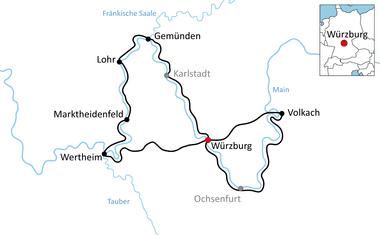 Karte mit Radweg durch die Region Würzburg mit den Orten Gemünden, Lohr, Marktheidenfeld, Wertheim und Volkach. Flüsse Main und Tauber sichtbar.