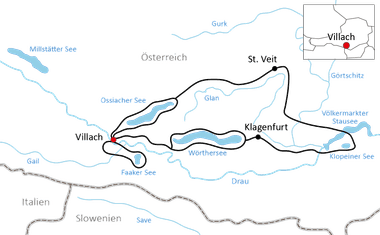 Karte mit Radweg zwischen Villach und Klagenfurt in Österreich, vorbei an Seen wie Ossiacher See, Wörthersee und Faaker See.