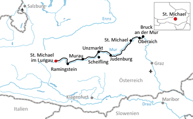 Karte des Radwegs entlang der Mur von St. Michael im Lungau bis Oberaich über Murau, Scheifling und Judenburg in Österreich.