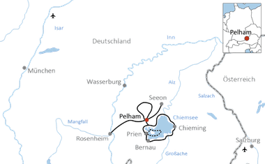Karte mit Radwegen rund um Pelham in Bayern mit Chiemsee. Routen verbinden Pelham, Prien, Bernau und Seeon in Süddeutschland nahe Österreich.