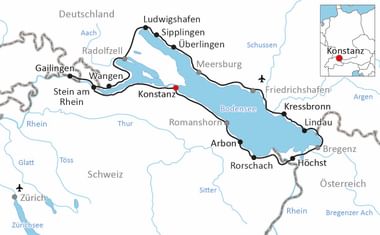 Karte mit Radweg rund um den Bodensee durch Deutschland, Schweiz und Österreich, mit Städten wie Konstanz, Lindau und Rorschach.