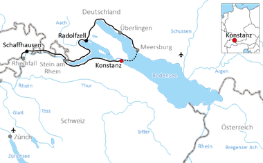 Karte mit Radweg rund um den Bodensee durch Deutschland, Schweiz und Österreich, mit Konstanz als Startpunkt nahe Radolfzell.