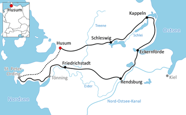 Karte mit Radweg durch Schleswig-Holstein von St. Peter-Ording über Husum, Schleswig, Kappeln, Eckernförde nach Rendsburg zwischen Nordsee und Ostsee.