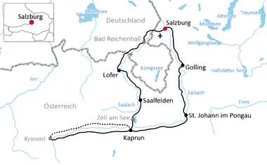 Karte mit Radroute durch Österreich von Salzburg über Golling, Lofer, Saalfelden, Zell am See, Kaprun nach Krimml mit Seen und Grenzen.