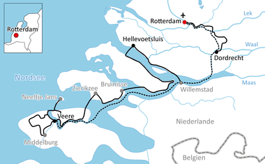 Karte mit Radroute von Rotterdam über Dordrecht, Willemstad, Bruinisse, Veere nach Middelburg in Zeeland, Niederlande.