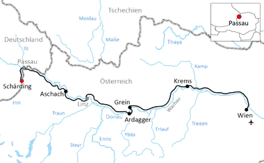 Karte des Donauradwegs von Passau über Schärding, Aschach, Linz, Grein und Ardagger nach Krems und Wien in Österreich.