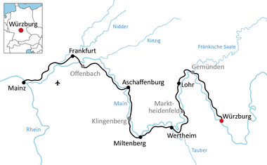 Karte mit Radroute von Frankfurt über Offenbach, Aschaffenburg, Lohr, Würzburg, Wertheim bis Miltenberg entlang Main und Tauber.