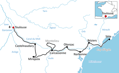 Karte mit Radroute von Toulouse nach Sète über Canal du Midi durch Castelnaudary, Carcassonne, Narbonne und Béziers zum Mittelmeer.