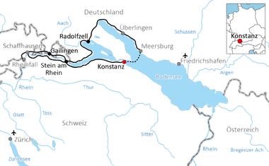 Map showing cycling route around Lake Constance through Germany and Switzerland, connecting Konstanz, Radolfzell, Galingen, and Stein am Rhein.