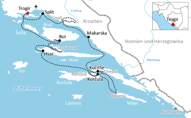 Karte mit Radroute entlang der kroatischen Küste von Trogir über Split, Bol, Hvar, Korčula bis Dubrovnik mit gepunkteten Linien und Fährverbindungen.