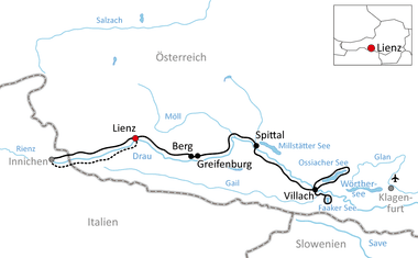 Map showing cycling route along Drau River through Austria from Lienz via Spittal, Villach to Slovenia, with inset showing location near Lienz.