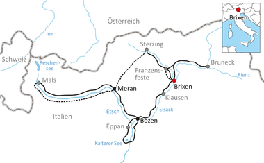 Karte mit Radweg in Südtirol zwischen Brixen und Bozen über Meran, mit Verbindungen nach Österreich, Schweiz und Italien.