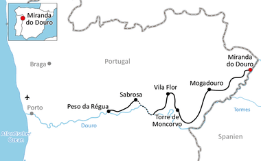 Karte mit Radroute von Porto nach Miranda do Douro entlang des Douro, durch Peso da Régua, Sabrosa, Vila Flor und Mogadouro.