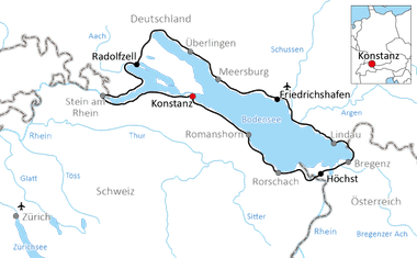 Karte mit Radweg rund um den Bodensee durch Deutschland, Schweiz und Österreich. Route verbindet Konstanz, Radolfzell, Friedrichshafen und Höchst.