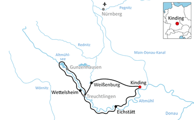 Karte mit Radweg von Gunzenhausen über Wettelsheim, Weißenburg, Treuchtlingen und Eichstätt nach Kinding entlang von Flüssen in Bayern.