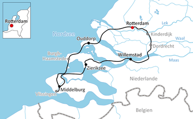 Karte mit Radroute durch die Niederlande von Rotterdam über Ouddorp, Willemstad, Zierikzee nach Middelburg entlang der Nordseeküste.