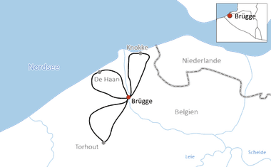 Karte mit Radwegen von Brügge nach Knokke, De Haan und Torhout in Belgien. Die Nordseeküste ist auf der linken Seite sichtbar.